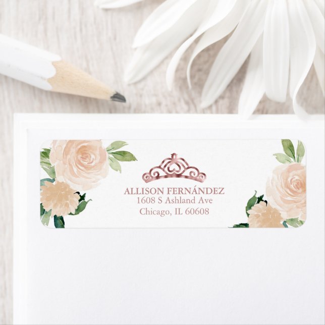 Quinceanera Tiara Rose Gold Blush Pink Floral Label (Insitu)