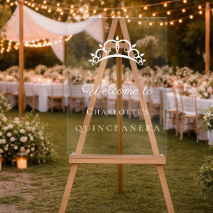 Quinceanera tiara white clear party welcome acrylic sign