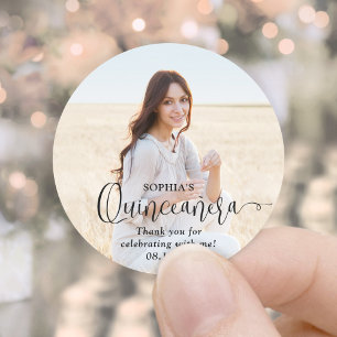 Quinceañera Trendy Black Script & Photo Thank You Classic Round Sticker