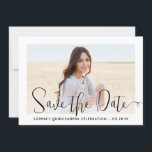 Quinceañera Trendy Script Chic Modern 2 Photo Save The Date<br><div class="desc">Share the joyful news of an upcoming Quinceañera celebration with chic 2 photo save the date invitations. The pictures and all wording on this template are simple to personalize. The colors, font styles and overlay opacity can be easily customized with the Zazzle Design Editor tool. The modern minimalist black and...</div>