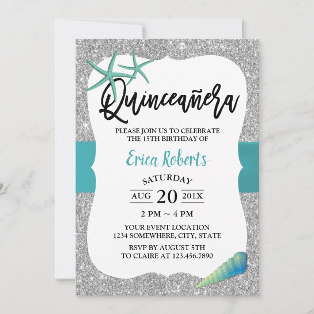 Quinceanera Turquoise Beach Starfish Modern Silver Invitation (Front)