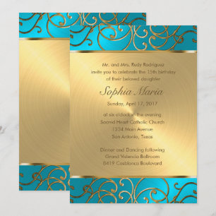 Quinceanera Turquoise Blue and Gold Filigree Swirl Invitation