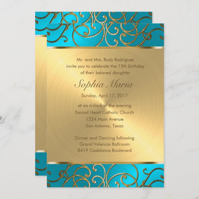 Quinceanera Turquoise Blue and Gold Filigree Swirl Invitation (Front/Back)