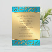 Quinceanera Turquoise Blue and Gold Filigree Swirl Invitation (Standing Front)