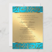 Quinceanera Turquoise Blue and Gold Filigree Swirl Invitation (Front)