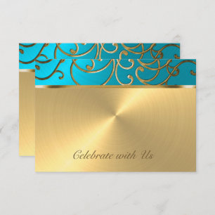 Quinceanera Turquoise Blue and Gold Filigree Swirl Invitation