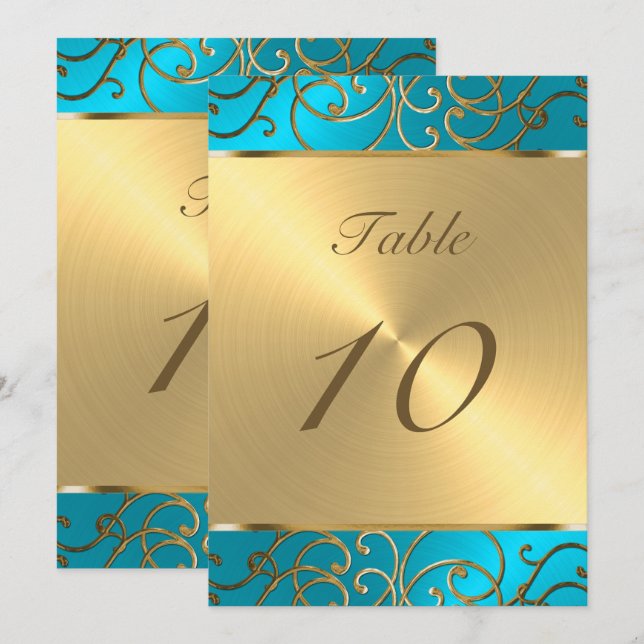 Quinceanera Turquoise Blue and Gold Filigree Swirl Invitation (Front/Back)