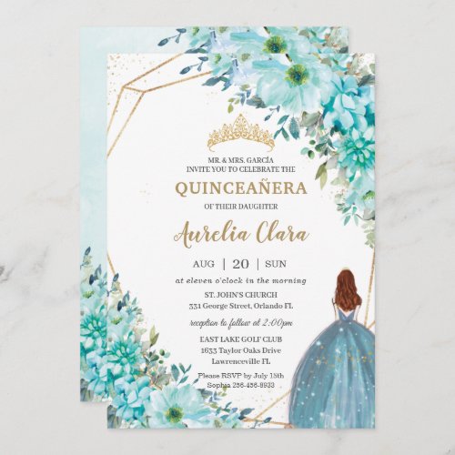 Quinceaera Turquoise Blue Floral Auburn Princess Invitation