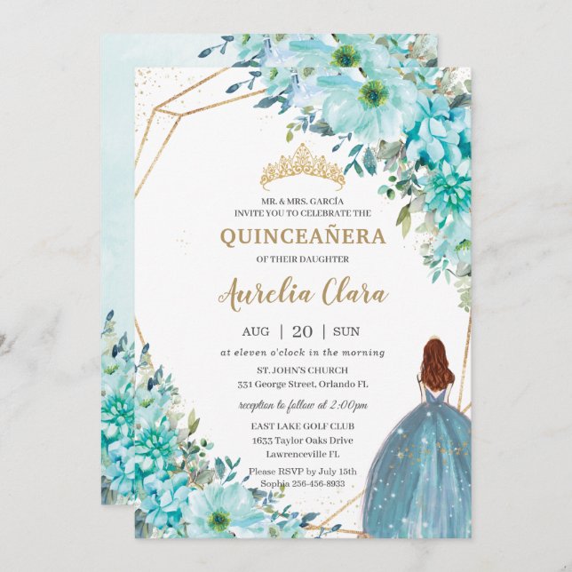 Quinceañera Turquoise Blue Floral Auburn Princess Invitation (Front/Back)