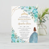 Quinceañera Turquoise Blue Floral Auburn Princess Invitation (Standing Front)