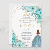 Quinceañera Turquoise Blue Floral Auburn Princess Invitation (Front)