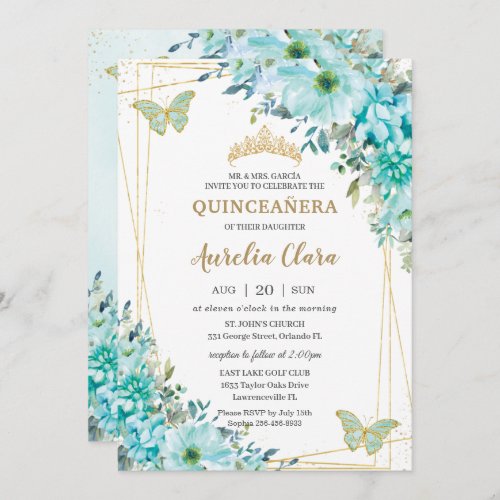Quinceaera Turquoise Blue Floral Gold Butterflies Invitation