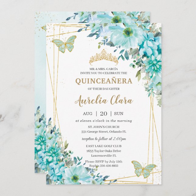 Quinceañera Turquoise Blue Floral Gold Butterflies Invitation (Front/Back)