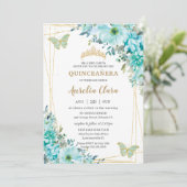 Quinceañera Turquoise Blue Floral Gold Butterflies Invitation (Standing Front)