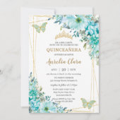 Quinceañera Turquoise Blue Floral Gold Butterflies Invitation (Front)