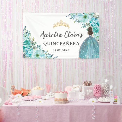Quinceaera Turquoise Blue Floral Princess Welcome Banner