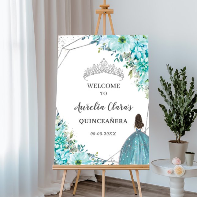 Quinceañera Turquoise Blue Floral Princess Welcome Foam Board (Creator Uploaded)