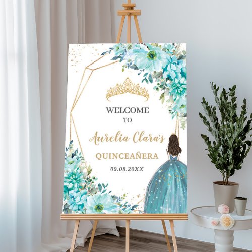Quinceaera Turquoise Blue Floral Princess Welcome Foam Board