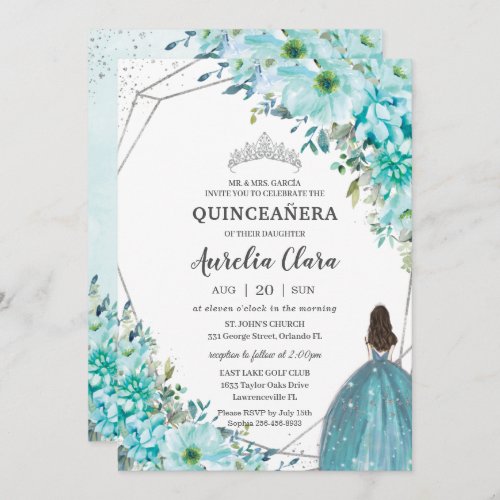 Quinceaera Turquoise Blue Floral Silver Princess Invitation