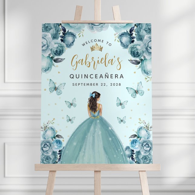 Quinceañera Turquoise Blue Gold Floral Welcome Foam Board (Creator Uploaded)