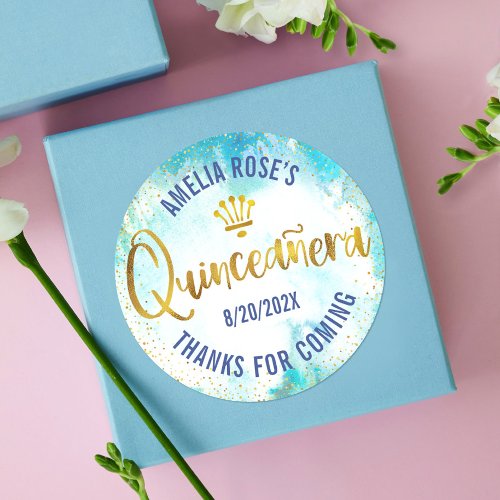 Quinceaera Turquoise Blue Gold Foil Watercolor Classic Round Sticker