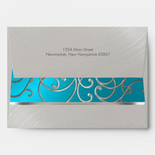 Quinceanera Turquoise Blue Silver Filigree Swirls Envelope