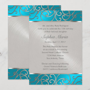 Quinceanera Turquoise Blue Silver Filigree Swirls Invitation