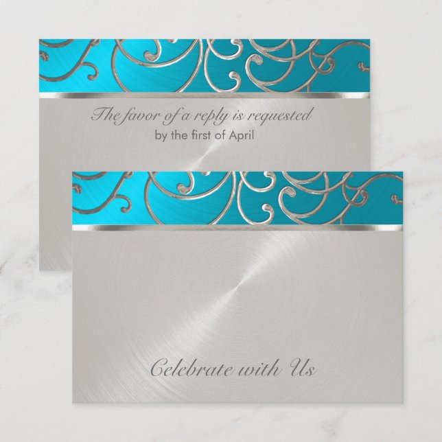 Quinceanera Turquoise Blue Silver Filigree Swirls Invitation (Front/Back)