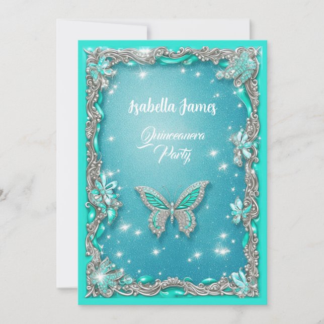 Quinceañera turquoise Butterfly glitter elegant Invitation (Front)