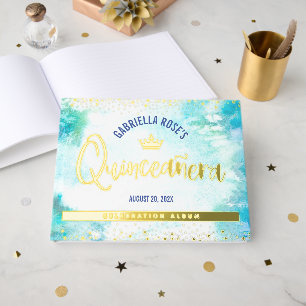 Quinceañera Turquoise Crown Script Real Gold Foil Foil Guest Book
