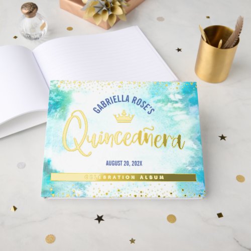 Quinceaera Turquoise Crown Script Real Gold Foil Foil Guest Book