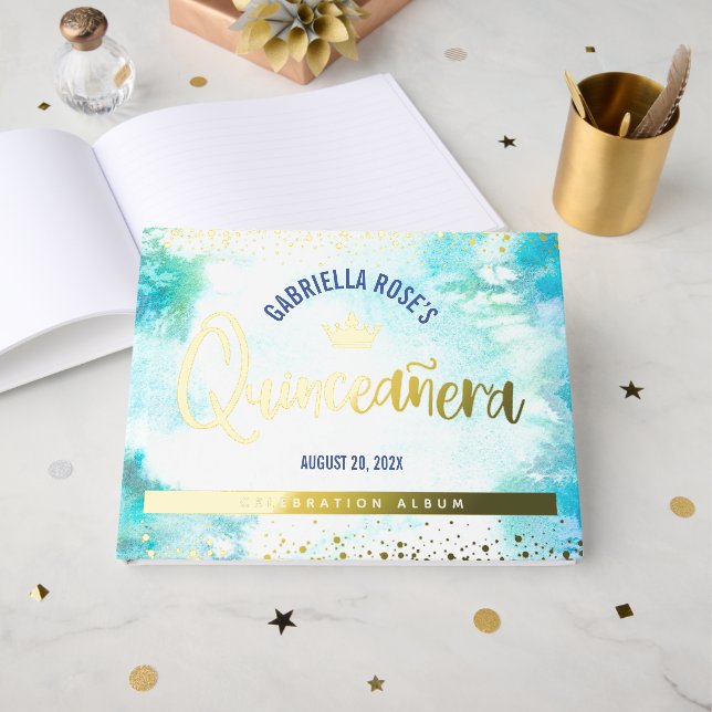 Quinceañera Turquoise Crown Script Real Gold Foil Foil Guest Book (Front Open)