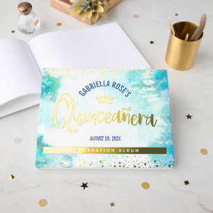 Quinceañera Turquoise Crown Script Real Gold Foil Guest Book