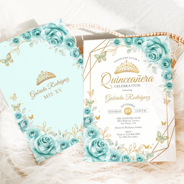 Quinceanera Turquoise Floral Gold Invitation (Creator Uploaded)