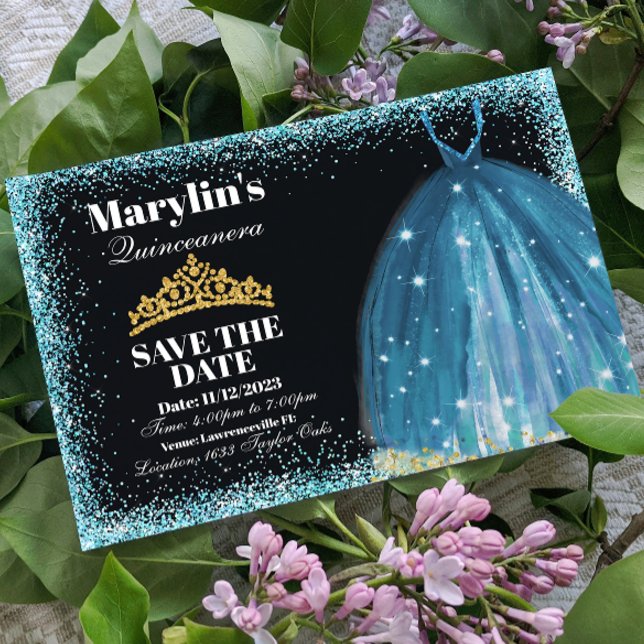 Quinceañera Turquoise Glitter Ballgown Birthday Save The Date (Creator Uploaded)