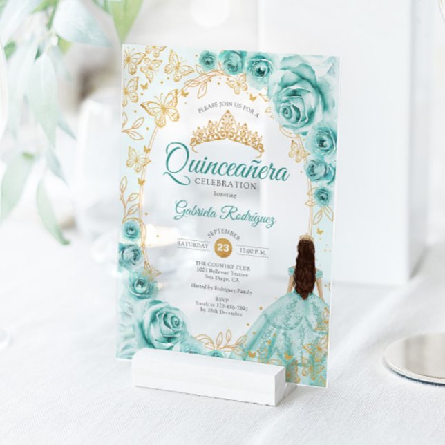 Quinceanera Turquoise Gold Floral Acrylic Invitations (Creator Uploaded)