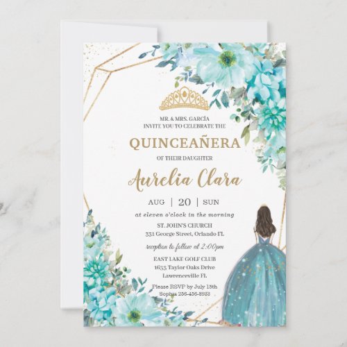 Quinceaera Turquoise Green Floral Gold Princess   Invitation