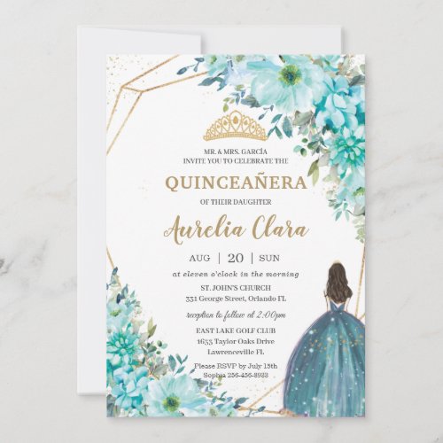 Quinceaera Turquoise Green Floral Gold Princess  Invitation
