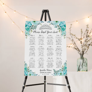 Quinceañera Turquoise Green Floral Seating Chart Foam Board
