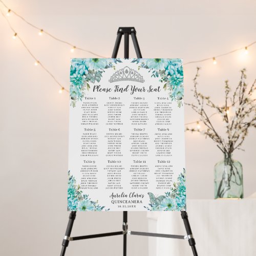 Quinceañera Turquoise Green Floral Seating Chart Foam Board
