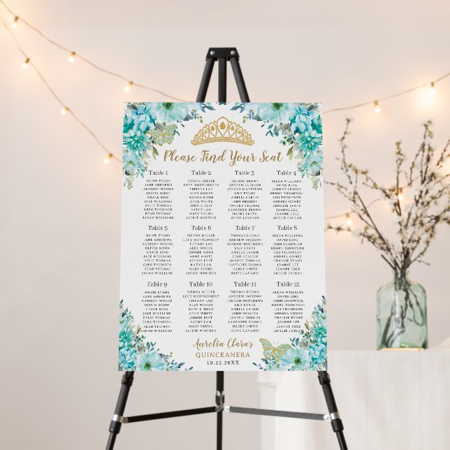 Quinceañera Turquoise Green Floral Seating Chart Foam Board (In Situ (Stand))