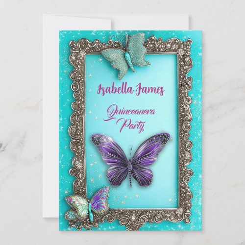 Quinceanera turquoise purple Butterflies birthday Invitation
