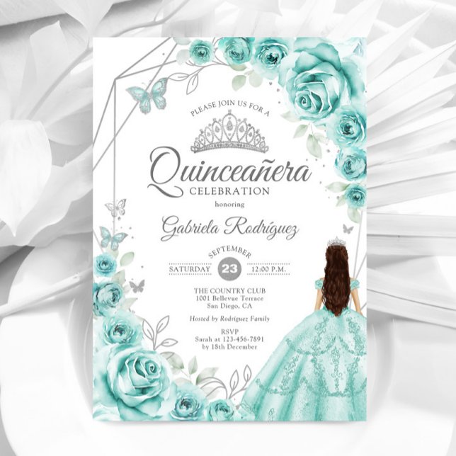 Quinceanera Turquoise Silver Dress Floral Invitation (Creator Uploaded)