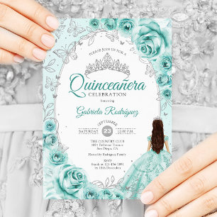 Quinceanera Turquoise Silver Floral Invitation