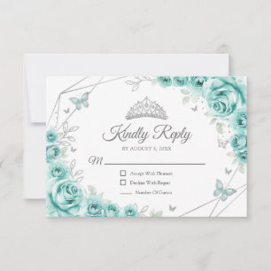 Quinceanera Turquoise Silver Floral Reply RSVP Card