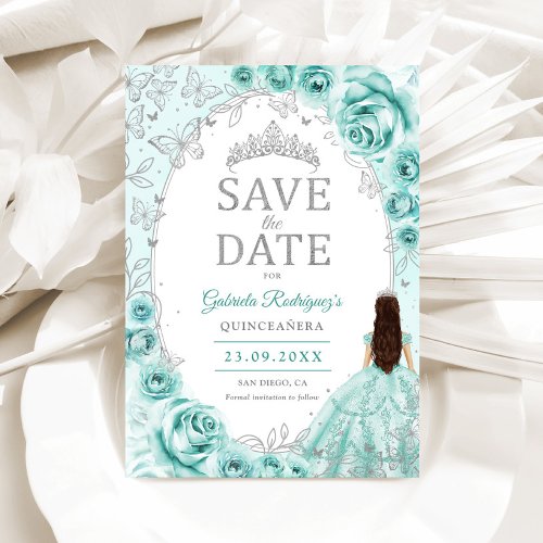 Quinceanera Turquoise Silver Floral Save The Date