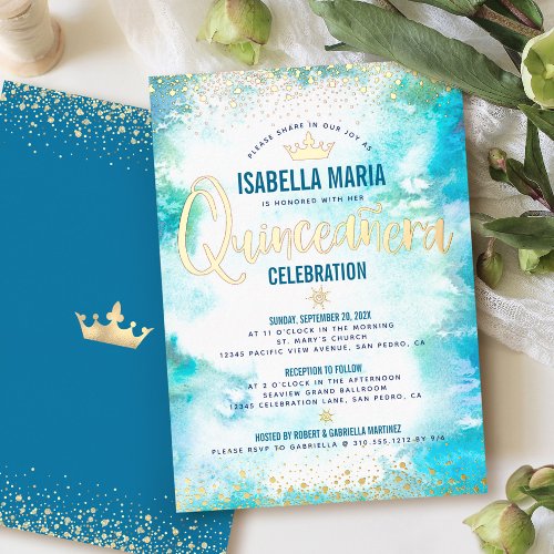 Quinceaera Turquoise Watercolor Crown Real Gold Foil Invitation