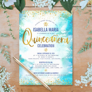 Quinceañera Turquoise Watercolor Gold Foil Elegant Invitation