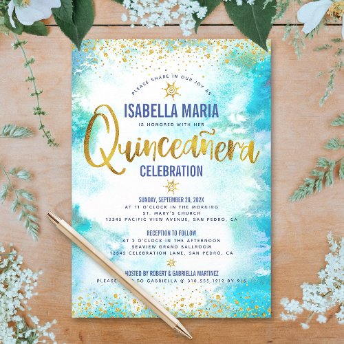 Quinceaera Turquoise Watercolor Gold Foil Elegant Invitation