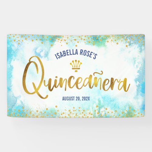 Quinceaera Turquoise Watercolor Gold Foil Welcome Banner